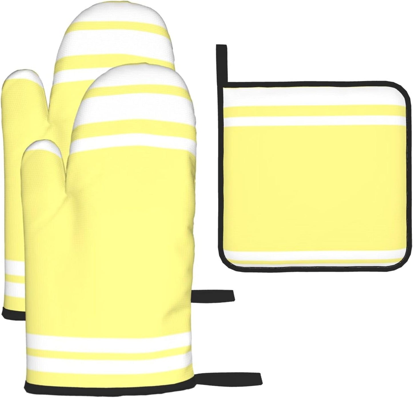 3PCS Oven Mitts and Pot Holders Sets, Light Yellow Modern Lines in White Oven Mitts Set Heat Resistant Kitchen Microwave Gloves Safe for Baking,Cooking, BBQ