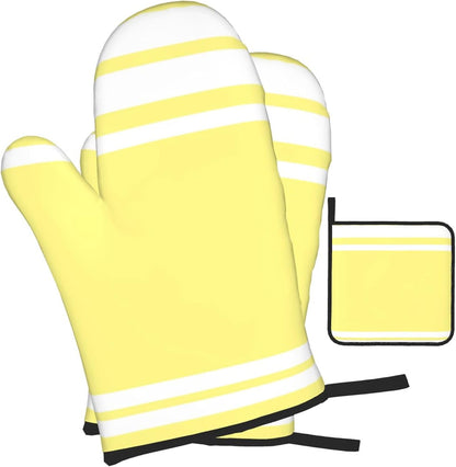 3PCS Oven Mitts and Pot Holders Sets, Light Yellow Modern Lines in White Oven Mitts Set Heat Resistant Kitchen Microwave Gloves Safe for Baking,Cooking, BBQ