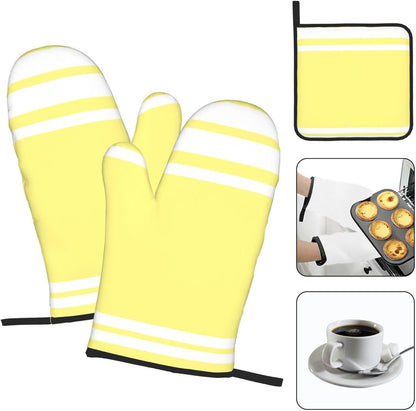 3PCS Oven Mitts and Pot Holders Sets, Light Yellow Modern Lines in White Oven Mitts Set Heat Resistant Kitchen Microwave Gloves Safe for Baking,Cooking, BBQ