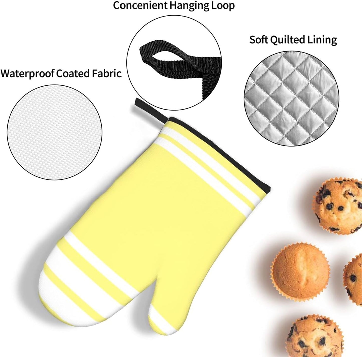 3PCS Oven Mitts and Pot Holders Sets, Light Yellow Modern Lines in White Oven Mitts Set Heat Resistant Kitchen Microwave Gloves Safe for Baking,Cooking, BBQ