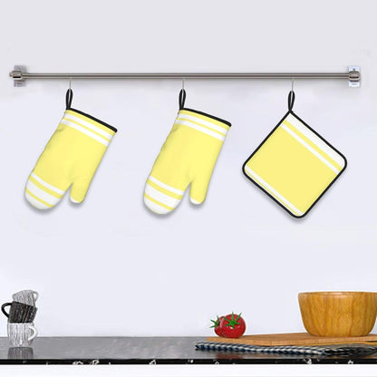 3PCS Oven Mitts and Pot Holders Sets, Light Yellow Modern Lines in White Oven Mitts Set Heat Resistant Kitchen Microwave Gloves Safe for Baking,Cooking, BBQ