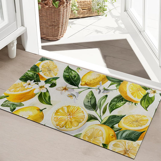 Lemon Indoor Door Mat, Fresh Fruit with Floral and Leaf Pattern Front Doormats, Botanical Entryway Area Rug 17x29.5 Inch Soft Non Woven Floor Mats for Porch Kitchen Bathroom Decor Gifts