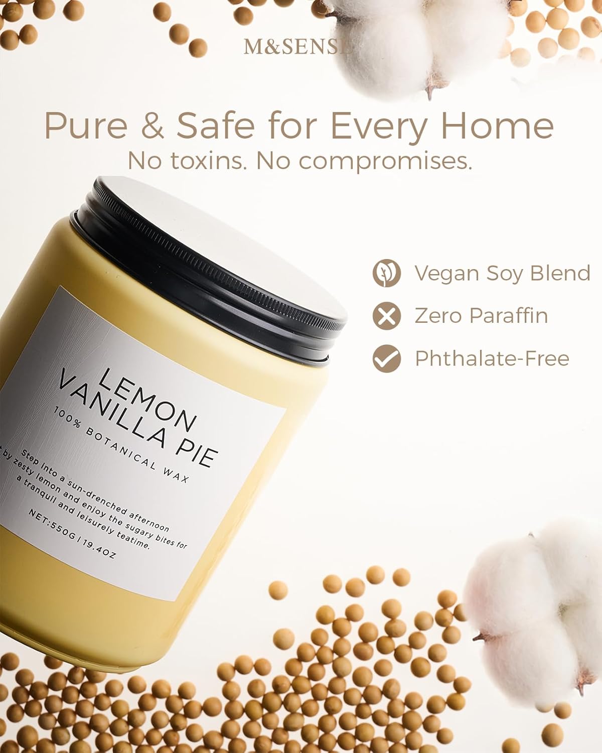 Lemon Vanilla Home Scented Candles, 19.4oz Natural Soy Wax, 110H | Large Long Lasting, Organic Non Toxic, Citrus Scent for Relaxation Odor Eliminating, Housewarming Fragrance for Men Women