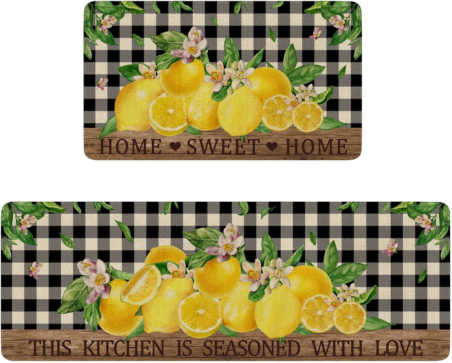 Lemon Kitchen Rugs Set of 2,Home Sweet Home Buffalo Plaid Holiday Kitchen Mats for Floor,Spring Summer Seasonal Non-Slip Washable Sink Mats Kitchen Decor Doormat+Runner Rug