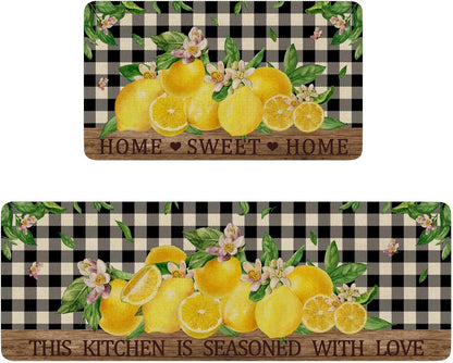 Lemon Kitchen Rugs Set of 2,Home Sweet Home Buffalo Plaid Holiday Kitchen Mats for Floor,Spring Summer Seasonal Non-Slip Washable Sink Mats Kitchen Decor Doormat+Runner Rug