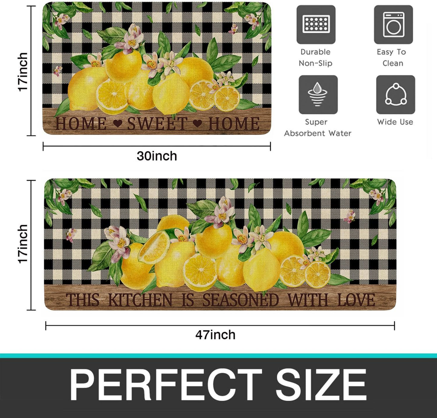 Lemon Kitchen Rugs Set of 2,Home Sweet Home Buffalo Plaid Holiday Kitchen Mats for Floor,Spring Summer Seasonal Non-Slip Washable Sink Mats Kitchen Decor Doormat+Runner Rug