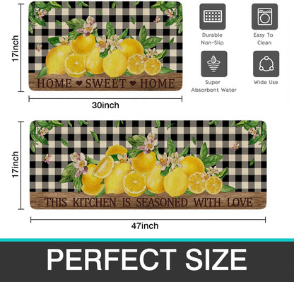 Lemon Kitchen Rugs Set of 2,Home Sweet Home Buffalo Plaid Holiday Kitchen Mats for Floor,Spring Summer Seasonal Non-Slip Washable Sink Mats Kitchen Decor Doormat+Runner Rug