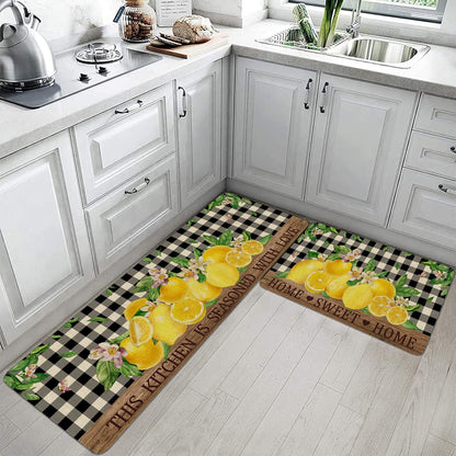 Lemon Kitchen Rugs Set of 2,Home Sweet Home Buffalo Plaid Holiday Kitchen Mats for Floor,Spring Summer Seasonal Non-Slip Washable Sink Mats Kitchen Decor Doormat+Runner Rug