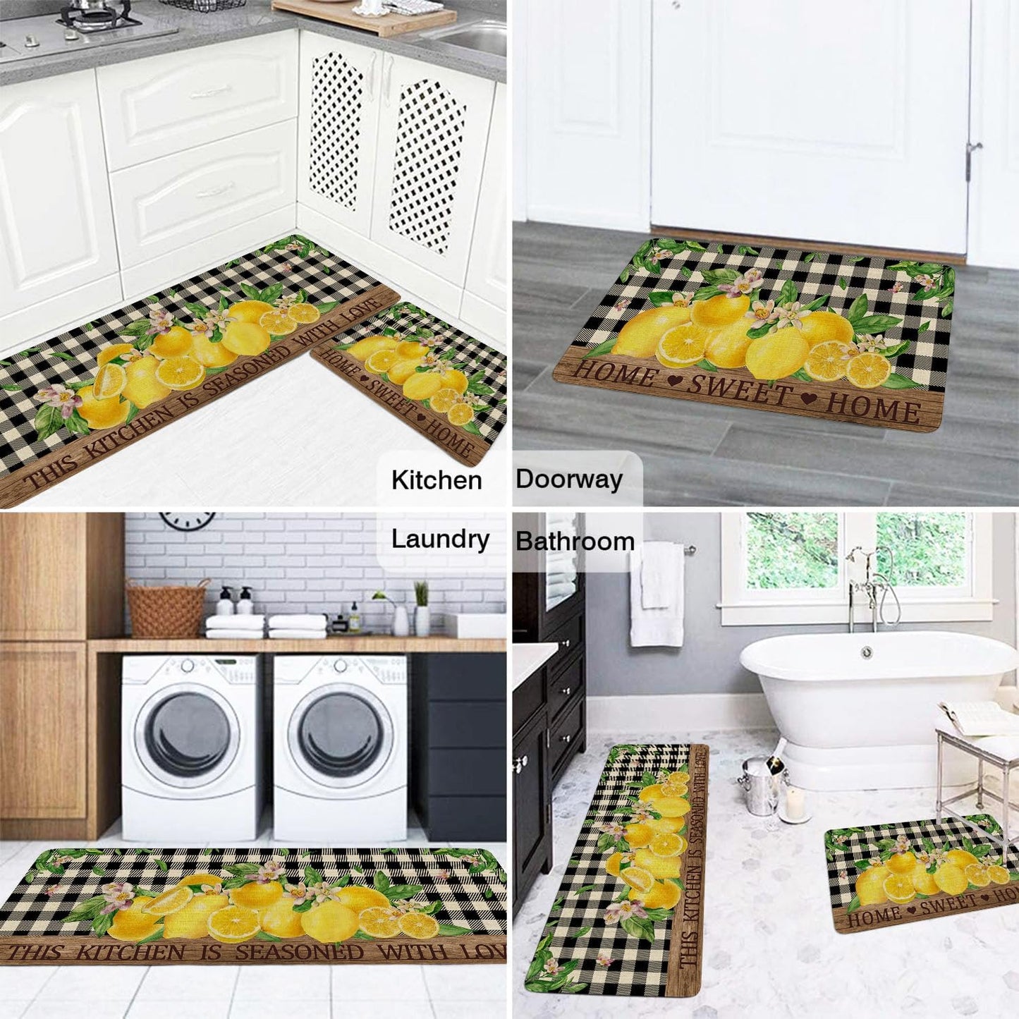 Lemon Kitchen Rugs Set of 2,Home Sweet Home Buffalo Plaid Holiday Kitchen Mats for Floor,Spring Summer Seasonal Non-Slip Washable Sink Mats Kitchen Decor Doormat+Runner Rug
