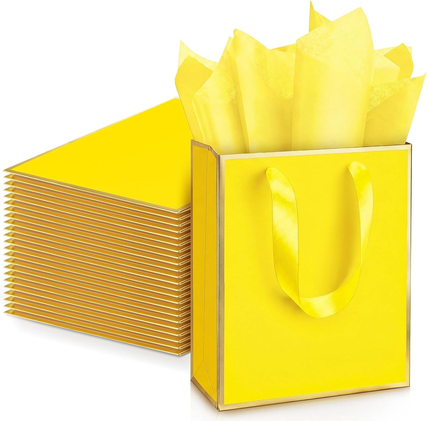 24 Pack Metallic Paper Gift Bags with Handle and Tissue 9x7x3.1 Gold Foil Welcome Thank You Favor Bags Return Gifts for Wedding Mothers Graduation Bridesmaid Birthday (Yellow, Gold)