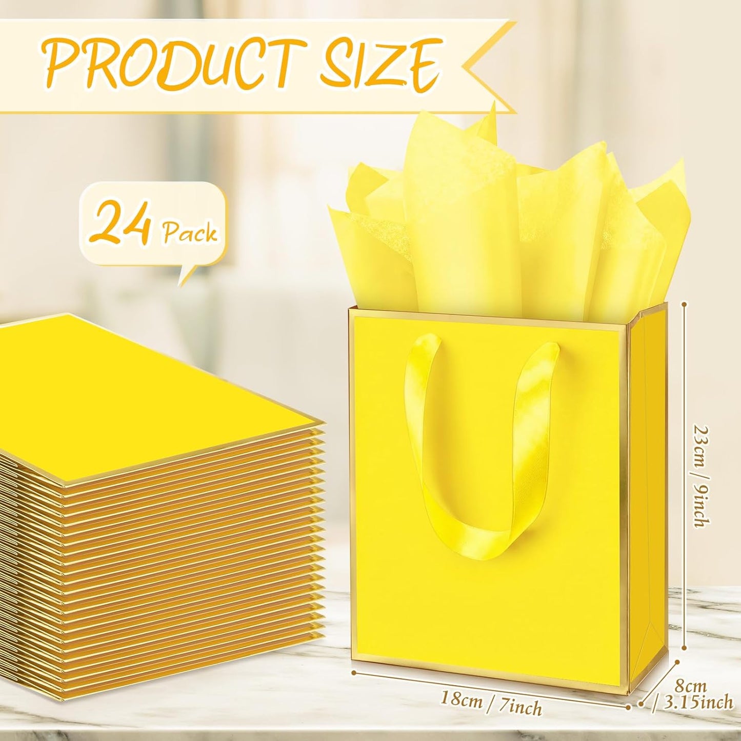 24 Pack Metallic Paper Gift Bags with Handle and Tissue 9x7x3.1 Gold Foil Welcome Thank You Favor Bags Return Gifts for Wedding Mothers Graduation Bridesmaid Birthday (Yellow, Gold)