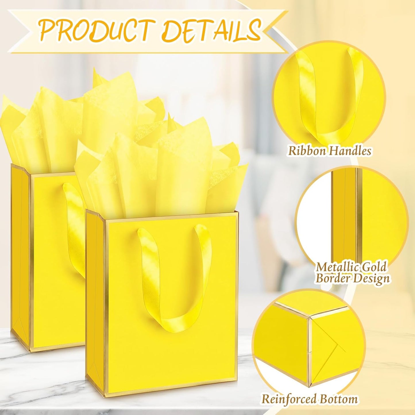 24 Pack Metallic Paper Gift Bags with Handle and Tissue 9x7x3.1 Gold Foil Welcome Thank You Favor Bags Return Gifts for Wedding Mothers Graduation Bridesmaid Birthday (Yellow, Gold)