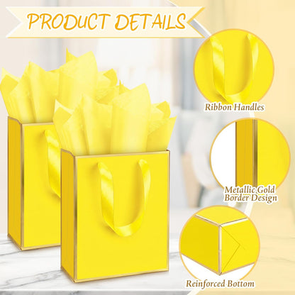 24 Pack Metallic Paper Gift Bags with Handle and Tissue 9x7x3.1 Gold Foil Welcome Thank You Favor Bags Return Gifts for Wedding Mothers Graduation Bridesmaid Birthday (Yellow, Gold)