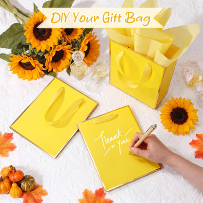 24 Pack Metallic Paper Gift Bags with Handle and Tissue 9x7x3.1 Gold Foil Welcome Thank You Favor Bags Return Gifts for Wedding Mothers Graduation Bridesmaid Birthday (Yellow, Gold)
