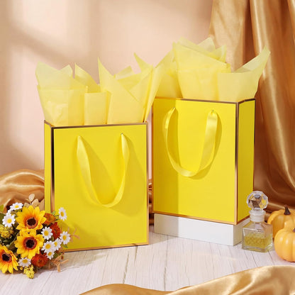 24 Pack Metallic Paper Gift Bags with Handle and Tissue 9x7x3.1 Gold Foil Welcome Thank You Favor Bags Return Gifts for Wedding Mothers Graduation Bridesmaid Birthday (Yellow, Gold)