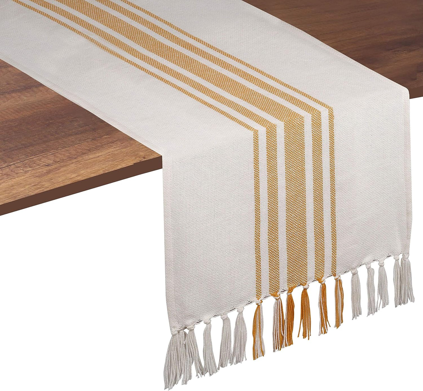Yellow Stripe Table Runner - 72 Inches Long Table Covers with Tassels - 100% Cotton, Soft, Non Slip Tablerunner for Dining, Kitchen, Dresser, Events - Mustard Yellow and White (14"x72")
