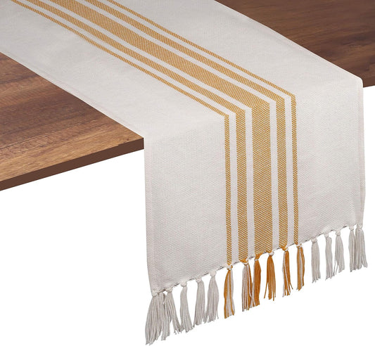 Yellow Stripe Table Runner - 72 Inches Long Table Covers with Tassels - 100% Cotton, Soft, Non Slip Tablerunner for Dining, Kitchen, Dresser, Events - Mustard Yellow and White (14"x72")