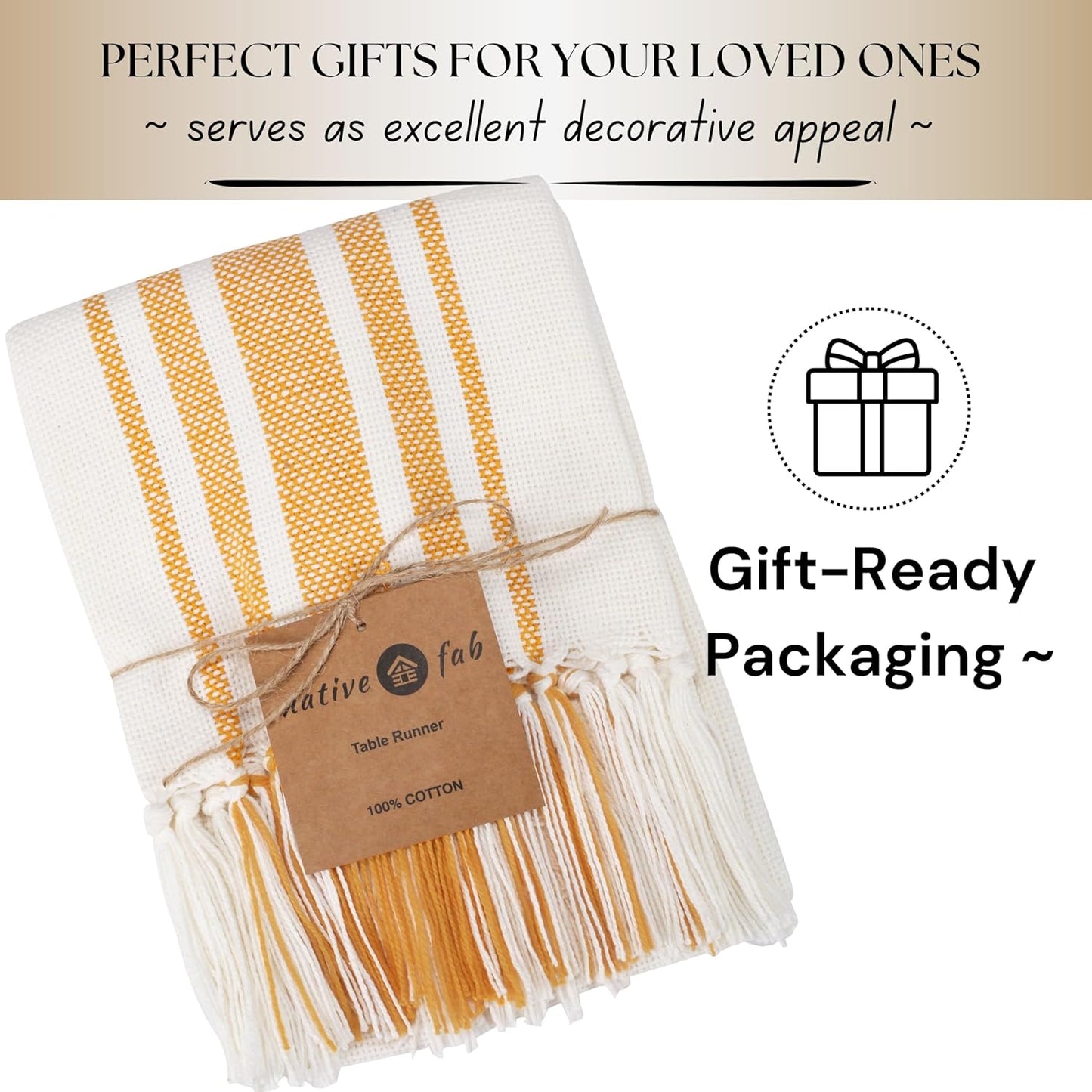 Yellow Stripe Table Runner - 72 Inches Long Table Covers with Tassels - 100% Cotton, Soft, Non Slip Tablerunner for Dining, Kitchen, Dresser, Events - Mustard Yellow and White (14"x72")