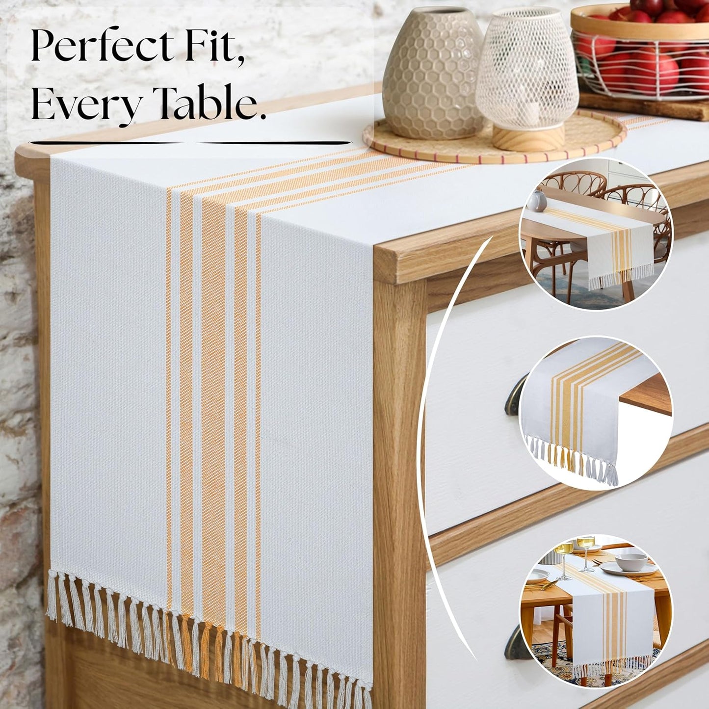 Yellow Stripe Table Runner - 72 Inches Long Table Covers with Tassels - 100% Cotton, Soft, Non Slip Tablerunner for Dining, Kitchen, Dresser, Events - Mustard Yellow and White (14"x72")