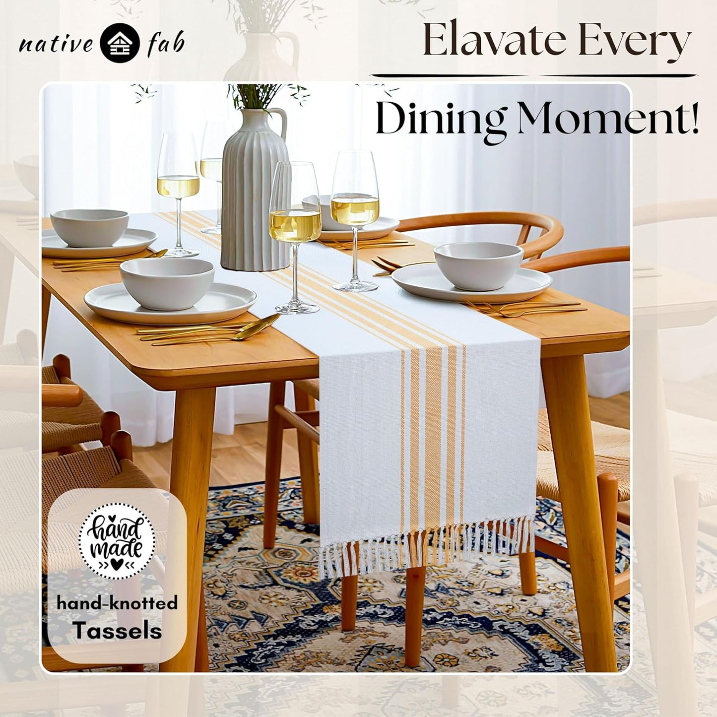 Yellow Stripe Table Runner - 72 Inches Long Table Covers with Tassels - 100% Cotton, Soft, Non Slip Tablerunner for Dining, Kitchen, Dresser, Events - Mustard Yellow and White (14"x72")