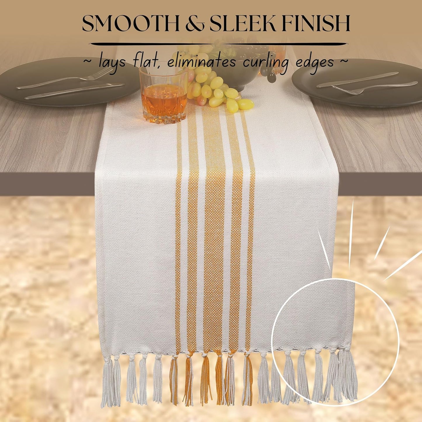 Yellow Stripe Table Runner - 72 Inches Long Table Covers with Tassels - 100% Cotton, Soft, Non Slip Tablerunner for Dining, Kitchen, Dresser, Events - Mustard Yellow and White (14"x72")