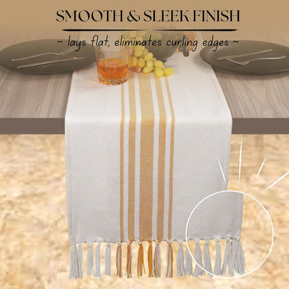 Yellow Stripe Table Runner - 72 Inches Long Table Covers with Tassels - 100% Cotton, Soft, Non Slip Tablerunner for Dining, Kitchen, Dresser, Events - Mustard Yellow and White (14"x72")