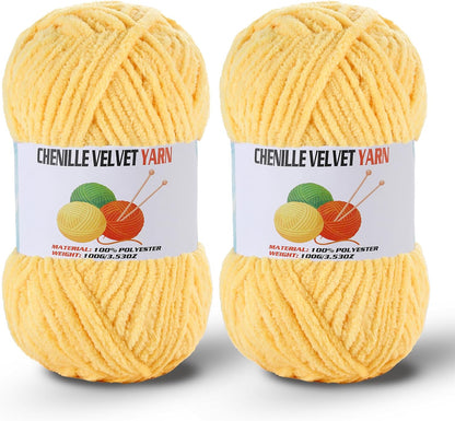 2 * 100g/3.5oz Fluffy Chenille Yarn for Crocheting, Chunky Velvet Yarn for Crochet Amigurumi, Used for Making Baby Yarns Blanket, Clothes, Pattern Knitting Creations (Yellow)