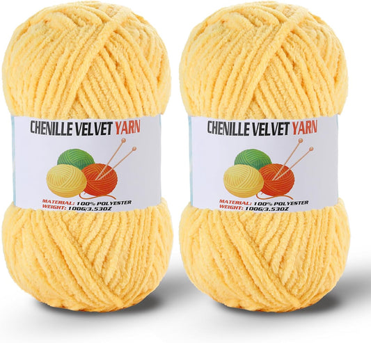 2 * 100g/3.5oz Fluffy Chenille Yarn for Crocheting, Chunky Velvet Yarn for Crochet Amigurumi, Used for Making Baby Yarns Blanket, Clothes, Pattern Knitting Creations (Yellow)