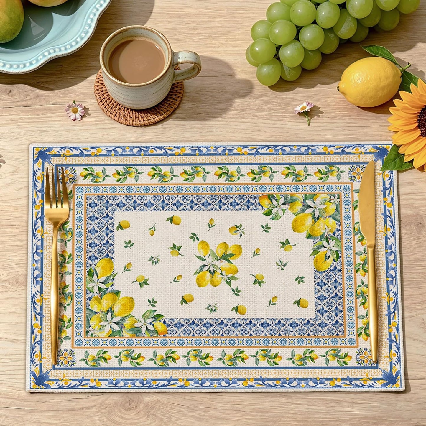 Lemon Place Mats Set of 4 12x18 inch for Dinning Table | Mediterranean Spring Table Decor - Farmhouse Seasonal Table Mats Lemon Party Decorations