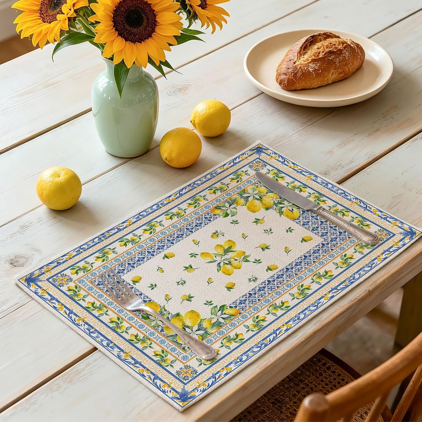 Lemon Place Mats Set of 4 12x18 inch for Dinning Table | Mediterranean Spring Table Decor - Farmhouse Seasonal Table Mats Lemon Party Decorations