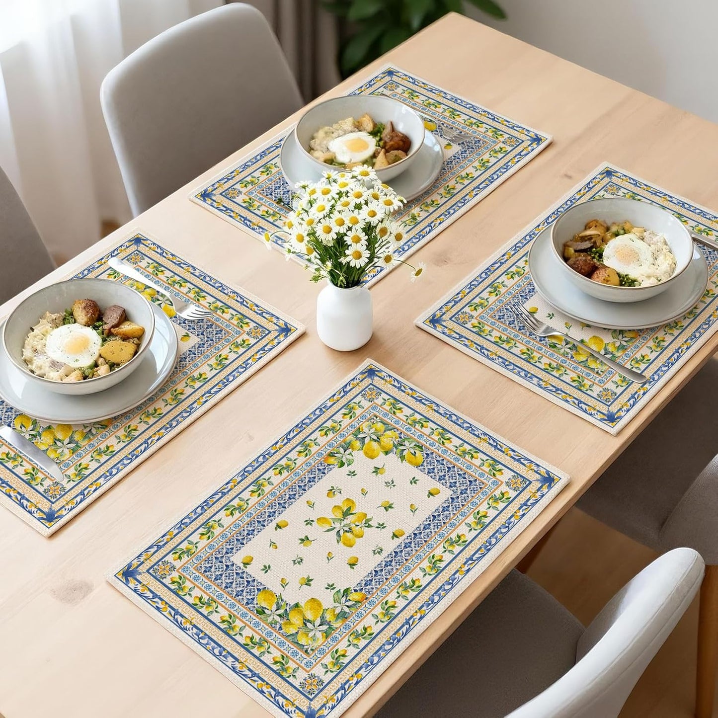 Lemon Place Mats Set of 4 12x18 inch for Dinning Table | Mediterranean Spring Table Decor - Farmhouse Seasonal Table Mats Lemon Party Decorations
