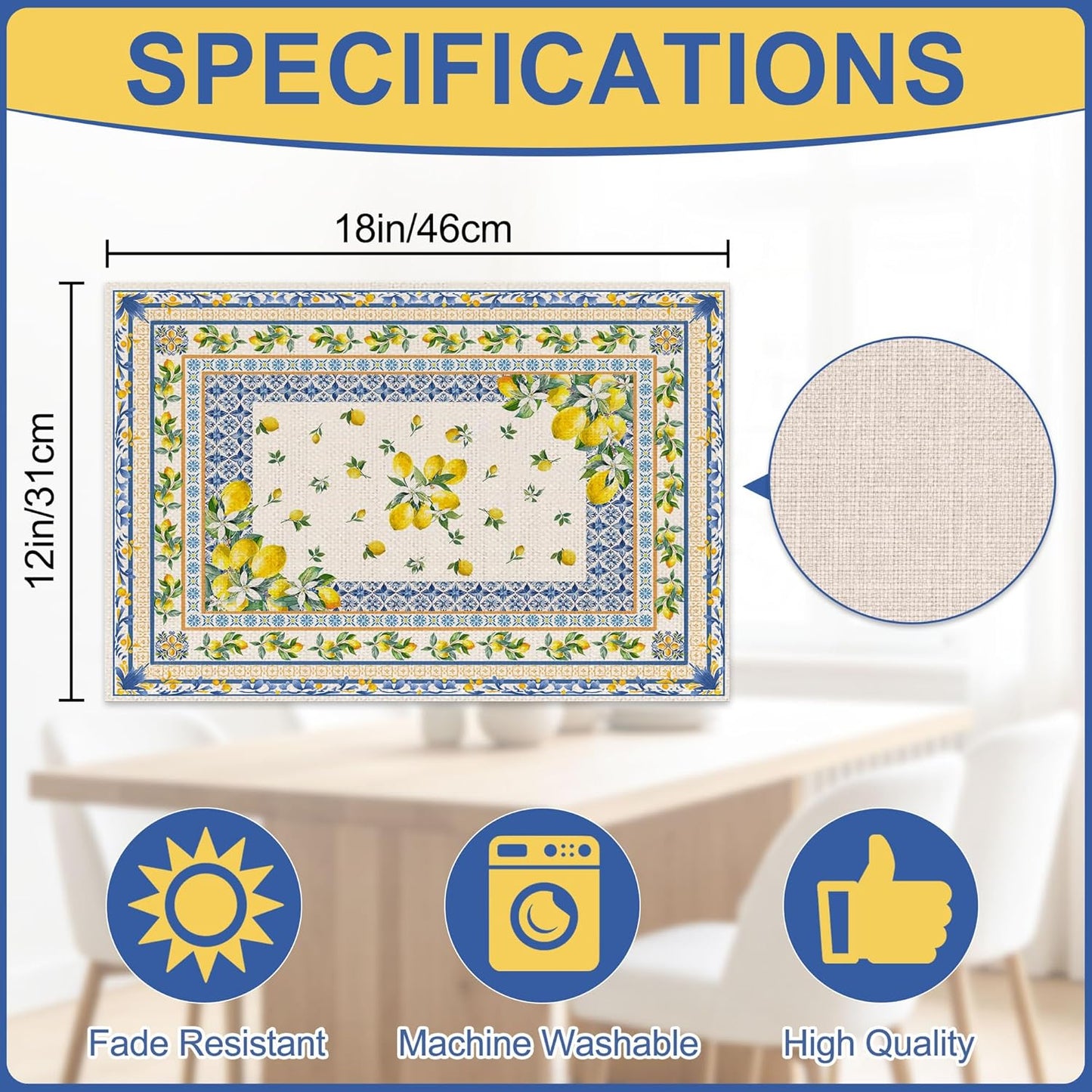 Lemon Place Mats Set of 4 12x18 inch for Dinning Table | Mediterranean Spring Table Decor - Farmhouse Seasonal Table Mats Lemon Party Decorations