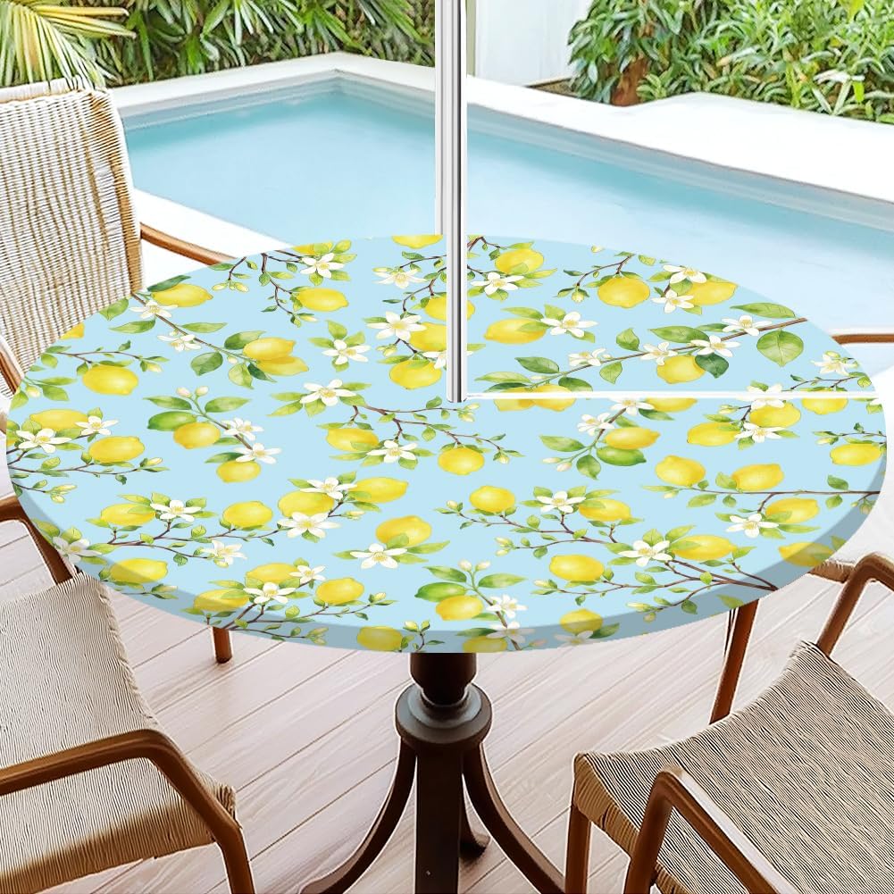 Outdoor Tablecloth with Umbrella Hole, Waterproof Round Fitted Tablecloth with Elastic Zipper, Wipeable Table Cloth Cover for Party, Picnic, Patio Fits 47"-55" Patio Tables(Lemon)