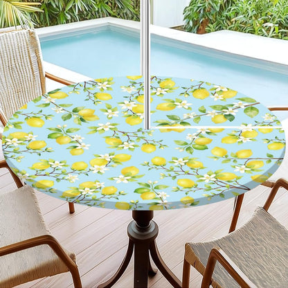 Outdoor Tablecloth with Umbrella Hole, Waterproof Round Fitted Tablecloth with Elastic Zipper, Wipeable Table Cloth Cover for Party, Picnic, Patio Fits 47"-55" Patio Tables(Lemon)