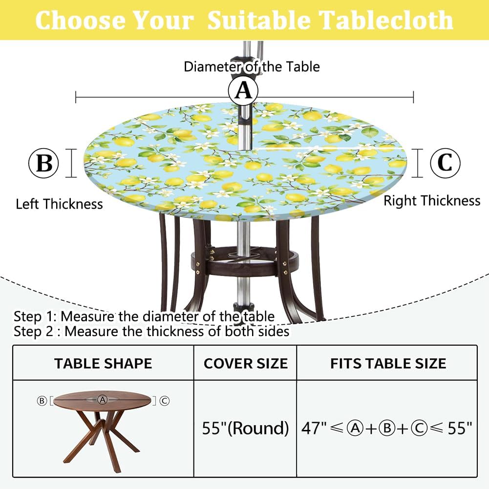 Outdoor Tablecloth with Umbrella Hole, Waterproof Round Fitted Tablecloth with Elastic Zipper, Wipeable Table Cloth Cover for Party, Picnic, Patio Fits 47"-55" Patio Tables(Lemon)