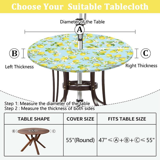 Outdoor Tablecloth with Umbrella Hole, Waterproof Round Fitted Tablecloth with Elastic Zipper, Wipeable Table Cloth Cover for Party, Picnic, Patio Fits 47"-55" Patio Tables(Lemon)