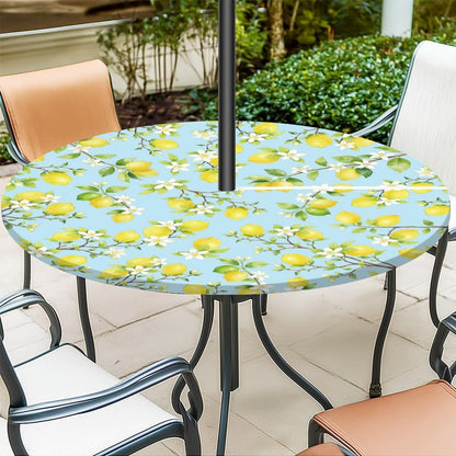 Outdoor Tablecloth with Umbrella Hole, Waterproof Round Fitted Tablecloth with Elastic Zipper, Wipeable Table Cloth Cover for Party, Picnic, Patio Fits 47"-55" Patio Tables(Lemon)