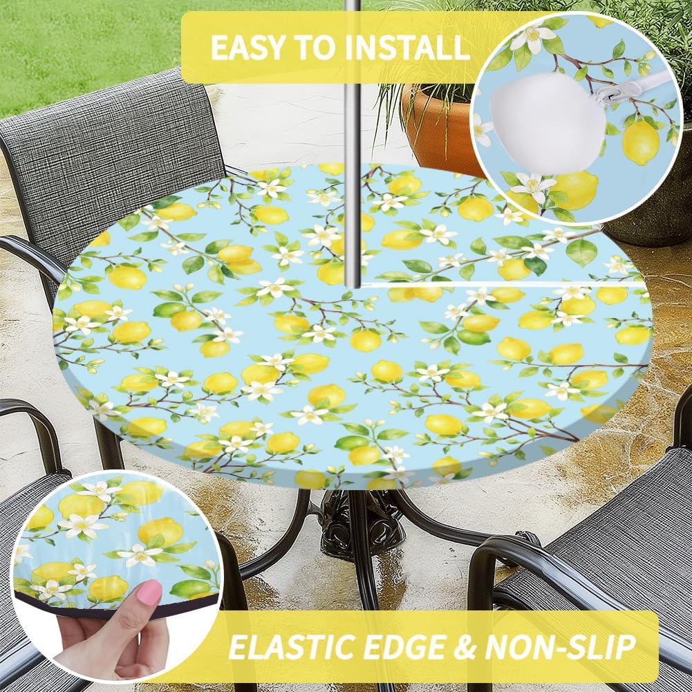Outdoor Tablecloth with Umbrella Hole, Waterproof Round Fitted Tablecloth with Elastic Zipper, Wipeable Table Cloth Cover for Party, Picnic, Patio Fits 47"-55" Patio Tables(Lemon)