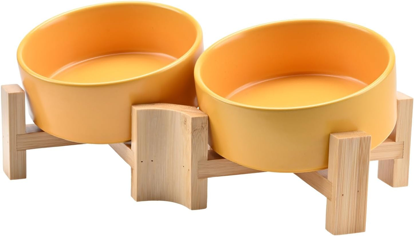 15° Slanted Ceramic Dog and Cat Bowl with Wooden Stand, Tilted Bulldog Food and Water Bowl No Slip Non-Spill for Cats Medium Dogs Big Face Pets 13.5 OZ (1.7 Cups, Yellow × 2)
