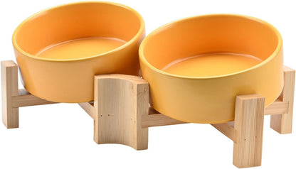 15° Slanted Ceramic Dog and Cat Bowl with Wooden Stand, Tilted Bulldog Food and Water Bowl No Slip Non-Spill for Cats Medium Dogs Big Face Pets 13.5 OZ (1.7 Cups, Yellow × 2)