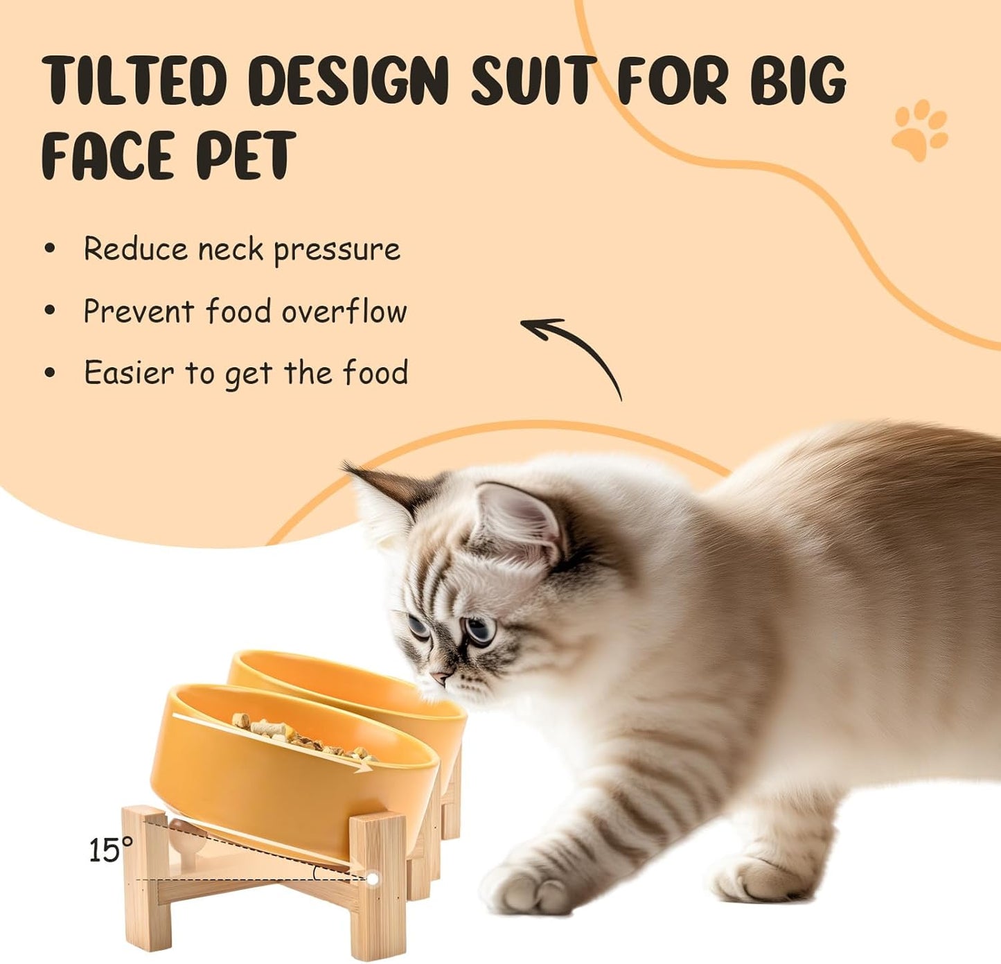 15° Slanted Ceramic Dog and Cat Bowl with Wooden Stand, Tilted Bulldog Food and Water Bowl No Slip Non-Spill for Cats Medium Dogs Big Face Pets 13.5 OZ (1.7 Cups, Yellow × 2)