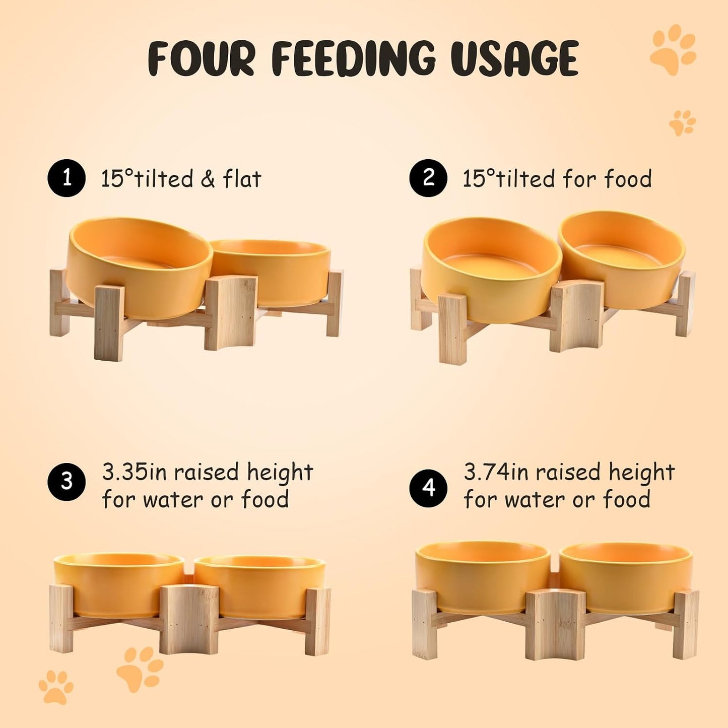 15° Slanted Ceramic Dog and Cat Bowl with Wooden Stand, Tilted Bulldog Food and Water Bowl No Slip Non-Spill for Cats Medium Dogs Big Face Pets 13.5 OZ (1.7 Cups, Yellow × 2)