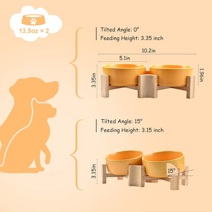 15° Slanted Ceramic Dog and Cat Bowl with Wooden Stand, Tilted Bulldog Food and Water Bowl No Slip Non-Spill for Cats Medium Dogs Big Face Pets 13.5 OZ (1.7 Cups, Yellow × 2)
