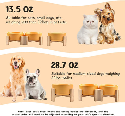 15° Slanted Ceramic Dog and Cat Bowl with Wooden Stand, Tilted Bulldog Food and Water Bowl No Slip Non-Spill for Cats Medium Dogs Big Face Pets 13.5 OZ (1.7 Cups, Yellow × 2)