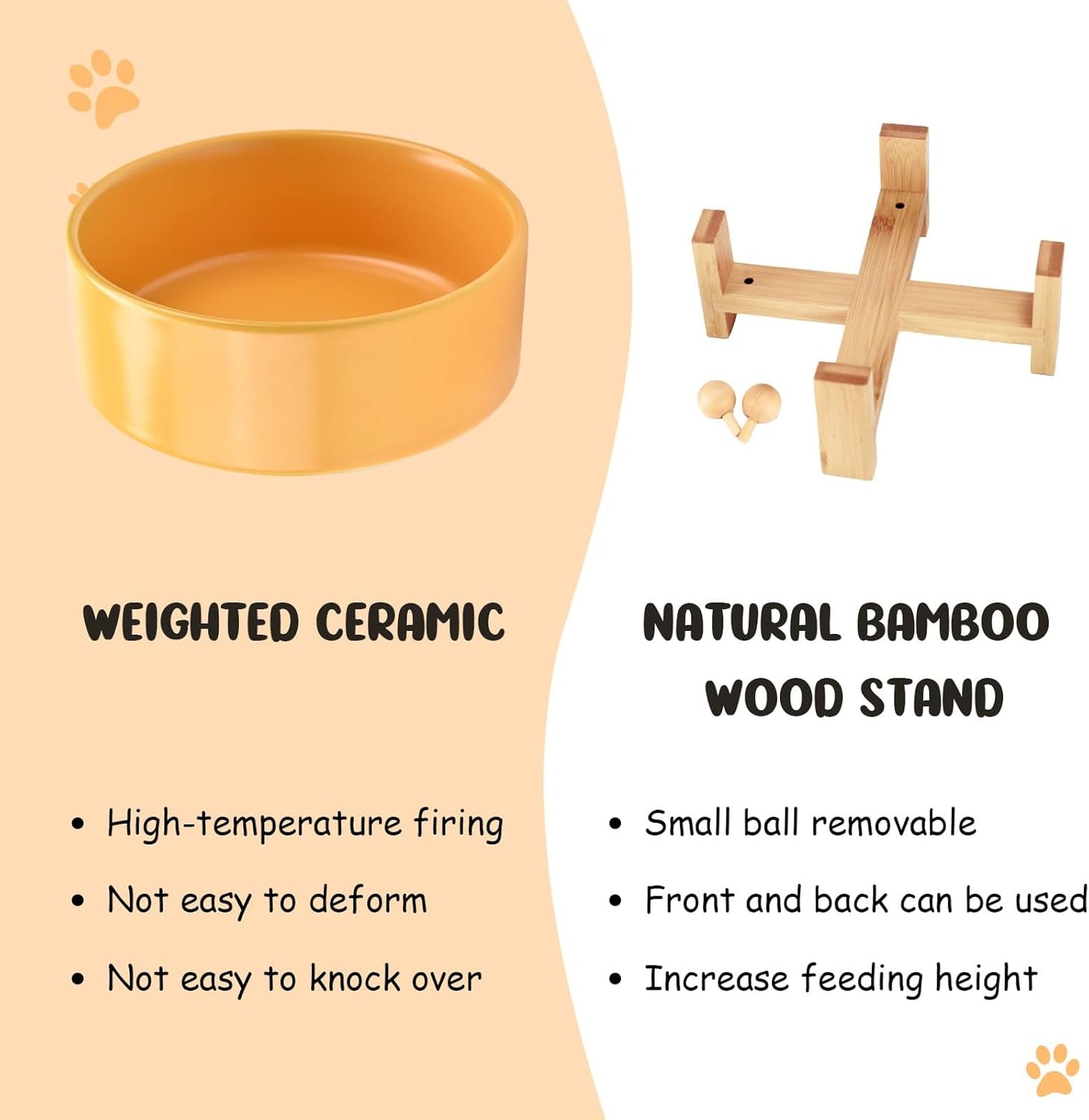 15° Slanted Ceramic Dog and Cat Bowl with Wooden Stand, Tilted Bulldog Food and Water Bowl No Slip Non-Spill for Cats Medium Dogs Big Face Pets 13.5 OZ (1.7 Cups, Yellow × 2)