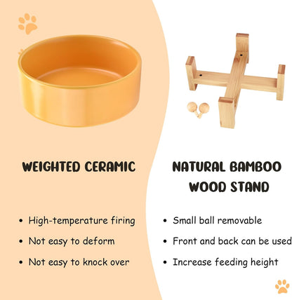 15° Slanted Ceramic Dog and Cat Bowl with Wooden Stand, Tilted Bulldog Food and Water Bowl No Slip Non-Spill for Cats Medium Dogs Big Face Pets 13.5 OZ (1.7 Cups, Yellow × 2)