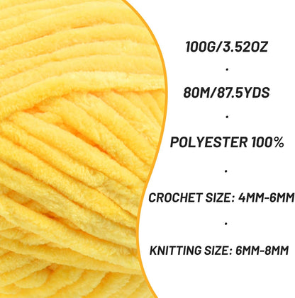 Chunky Chenille Yarn for Crocheting, Baby Yarn for Crocheting Soft Blanket, 87.4 yds /3.5 oz Crochet Yarn, Bulky 5 Amigurumi Yarns, Fluffy Velvet Yarns for Knitting Crafts (Light Yellow)