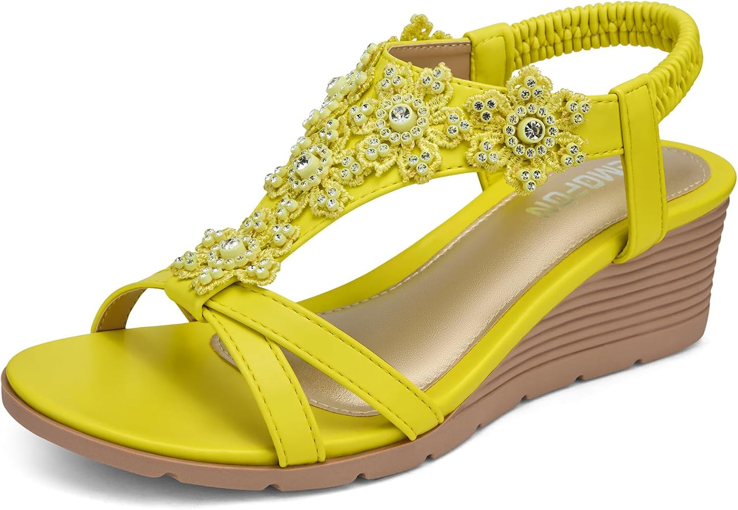 Women's Low Wedge Heels Summer Dressy Platform Sandals | Elastic Ankle Strap, Open Toe Flower Shoes for Wedding, Comfortable Cushioned for Casual Wear