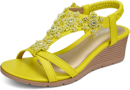 Women's Low Wedge Heels Summer Dressy Platform Sandals | Elastic Ankle Strap, Open Toe Flower Shoes for Wedding, Comfortable Cushioned for Casual Wear