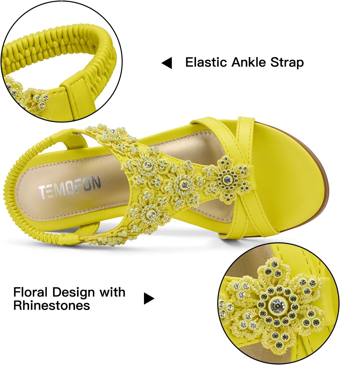 Women's Low Wedge Heels Summer Dressy Platform Sandals | Elastic Ankle Strap, Open Toe Flower Shoes for Wedding, Comfortable Cushioned for Casual Wear
